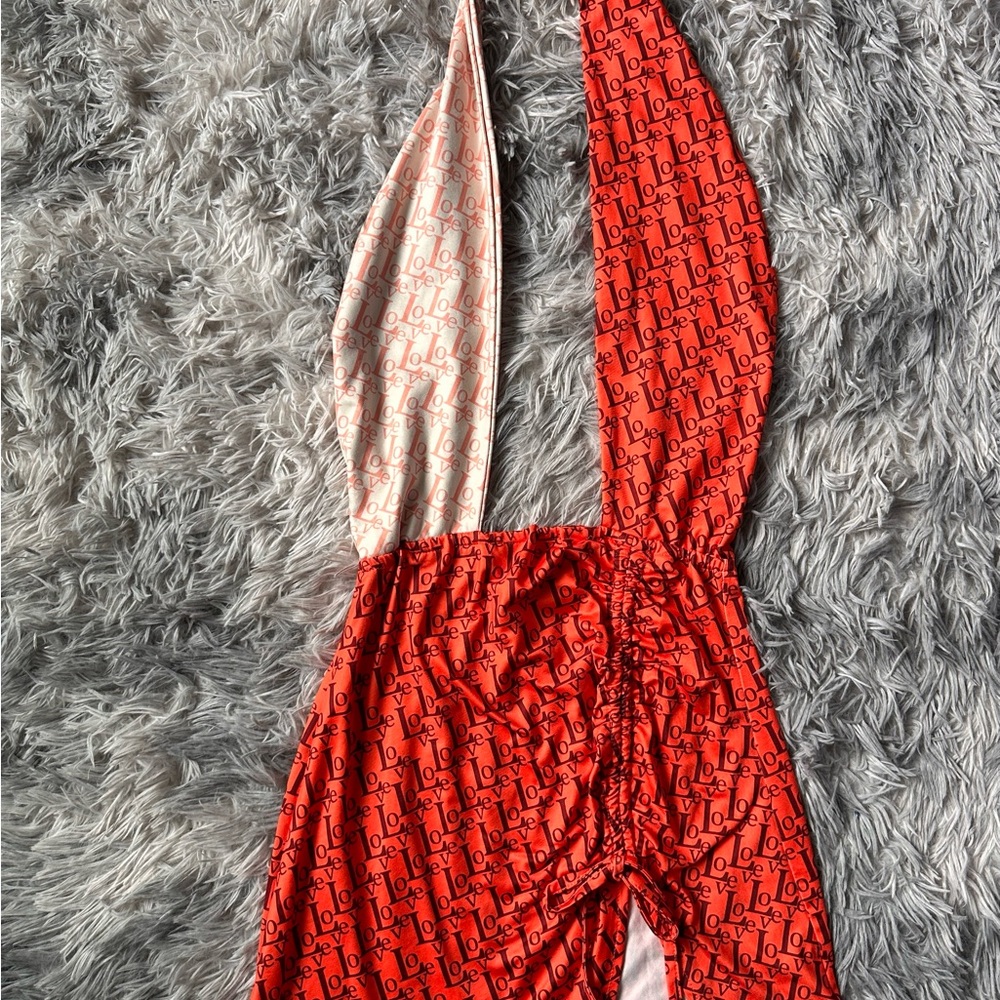 Red orange and cream slit dress